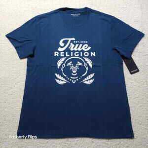 NEW True Religion Buddha Flock Logo SS Tee Large Cotton Poseidon Blue